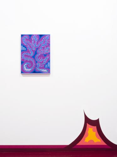 A blue and purple abstract painting hangs on a white wall, above a red and orange motif painted near the bottom of the wall. 