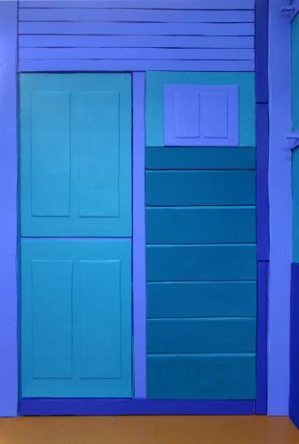 A wall is painted in various shades of purple and blue.
