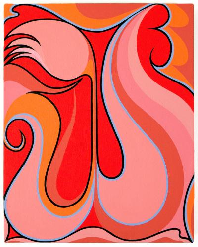 An abstract painting with curving blue and black lines outlining areas colored in red, pink, or orange.