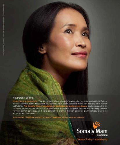 An ad for the Somaly Mam Foundation shows a woman with long, dark hair, looking up and wearing a green scarf. 