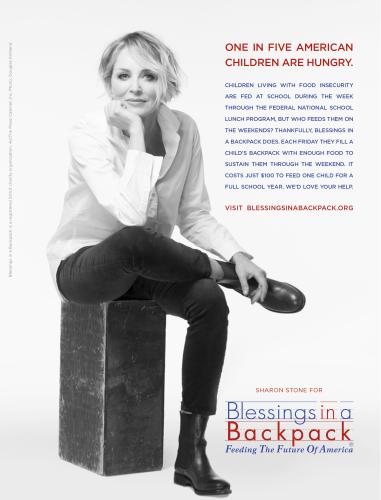 A woman sits on a stool in a black-and-white ad for Blessings in a Backpack.