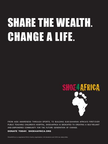 An ad for the nonprofit Shoe4Africa features the words "Share the Wealth. Change a Life." in white on a black background.