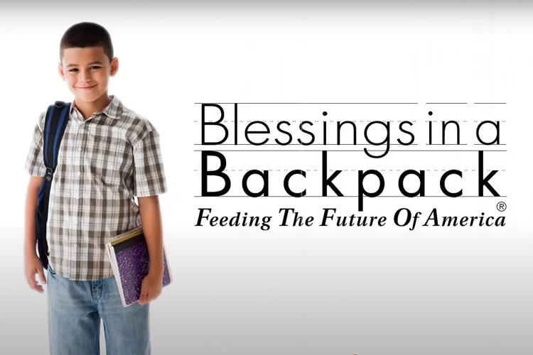 A boy wearing a a plaid T-shirt, jeans, and a backpack, next to the words Blessings in a Backpack.