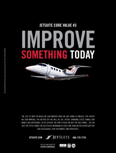 Advertisement for JetSuite airline: JetSuite Core Value #3 'Improve Something Today' in large letters and an image of a plane on a black background