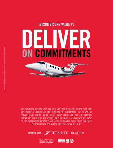 Advertisement for JetSuite airline: JetSuite Core Value #5 'Deliver on Commitments' in large letters and an image of a plane on a red background