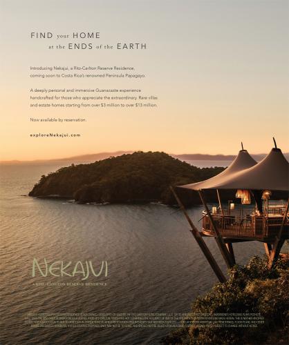 Advertisement for Nekajui, a Ritz-Carlton Reserve Residence, showing a balcony overlooking expansive water and a small island