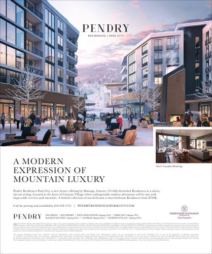 An advertisement showing the exteriors of luxury residential buildings, designed with balconies and floor-to-ceiling windows, and groups of people walking or seated outside on a wintry day