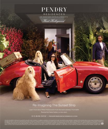 Advertisement for Pendry luxury residences, featuring a woman exiting a red convertible car with luggage and two long-haired dogs.