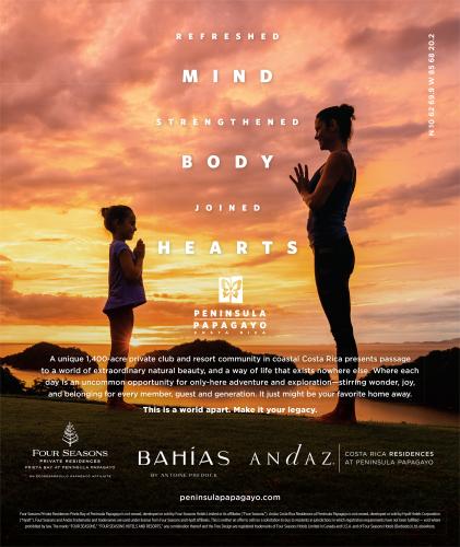 Advertisement for a private club and resort community in Costa Rica. The ad shows a woman and a child facing each other, each placing the palms of their hands together in front of their chests
