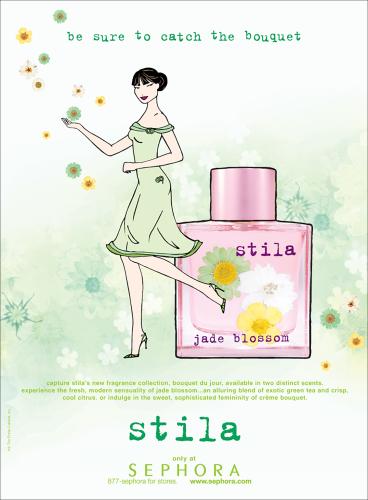 An illustrated advertisement of a woman with brown hair styled in a bun, wearing a green off-the-shoulder dress, standing on one foot in front of an overly large pink perfume bottle. 