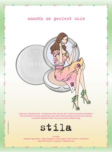 An illustrated advertisement depicting a woman with long brown hair, wearing a floral dress, sitting on an overly large open powder foundation compact while applying makeup from an open compact in her hand.