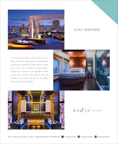 An advertisement for a luxury, contemporary hotel, featuring images of the hotel's rooftop lounge, minimalist bedroom, and a sleek bar.
