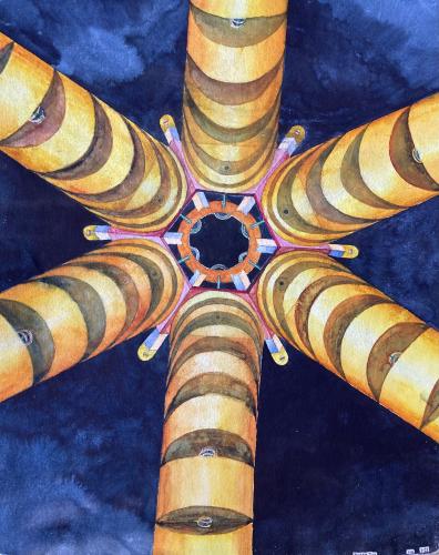 A watercolor painting of a yellow striped toy with a dark blue background