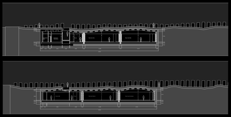 Cross-section drawing of the exterior Berlin memorial and a building underneath.