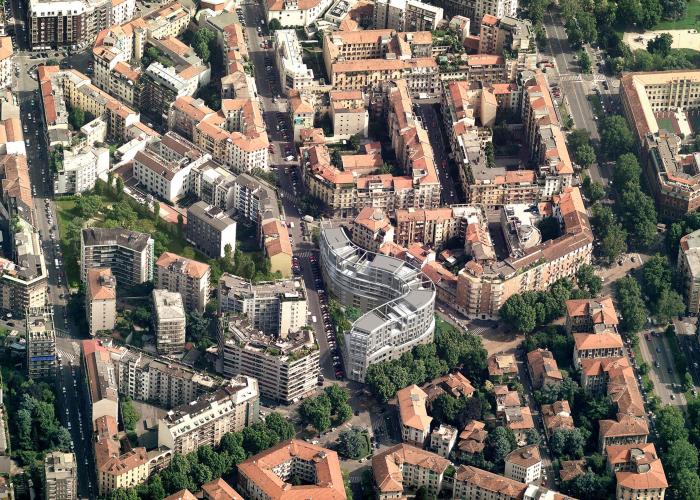 Aerial view of buildings and city streets.