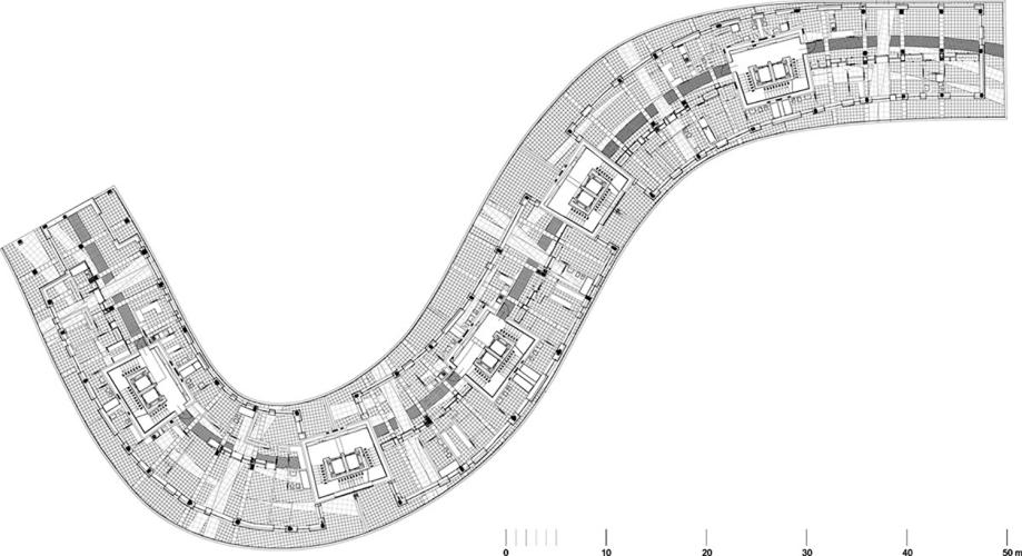 Line drawing of a curving building 