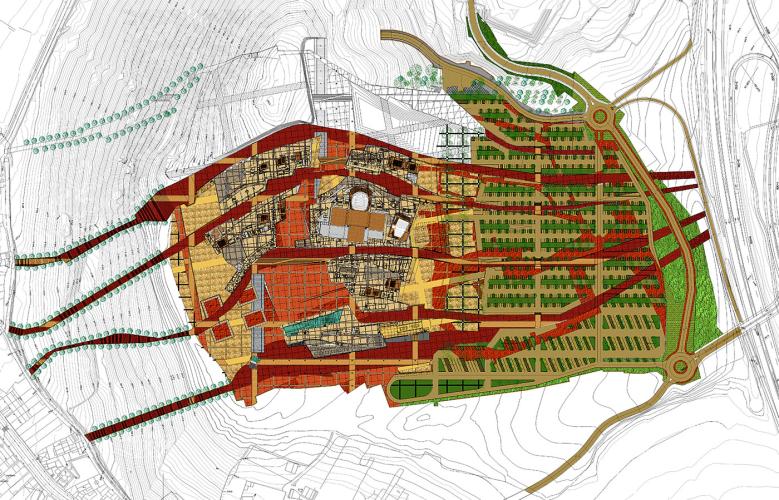 Aerial drawing of a city with sections colored yellow or red.