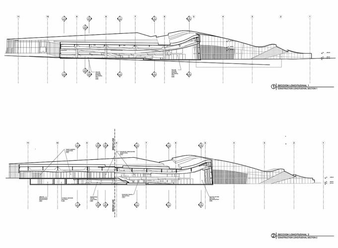 Drawings showing constructional longitude sections of a building.