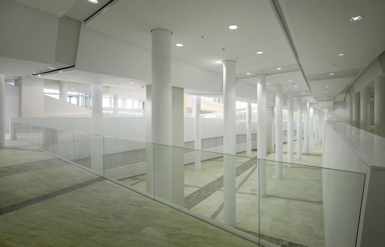 Building interior with two rows of white columns.