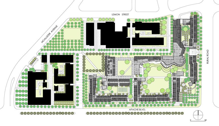 Site plan showing buildings and greenery.