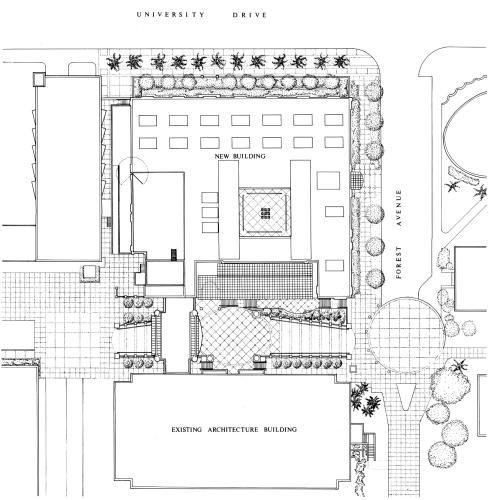 A site plan shows the existing building and the new building.