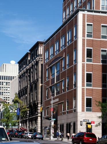 Southwest facade of a multilevel building.