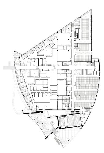 Floor plan of the first floor of an irregular polygon-shaped building.
