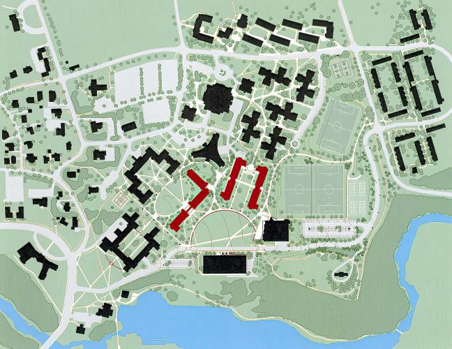 Site plan for Cornell's large campus, showing several buildings represented by black shapes, basketball courts, and green grassy areas.