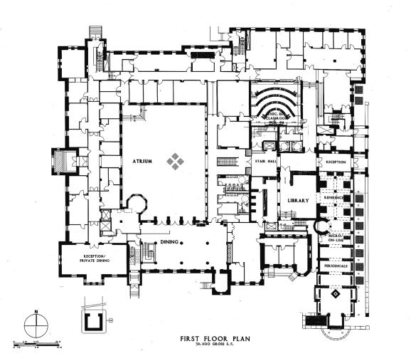 A site plan shows the first floor for a building reconstruction.