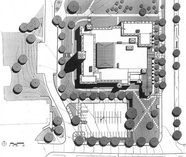 A site plan shows an aerial view of a building surrounded by shrubs, walkways, and a small parking lot.
