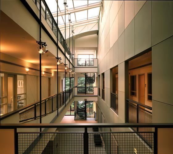 View of the interior of a multifloor building with balconies overlooking a space open to the bottom floor.