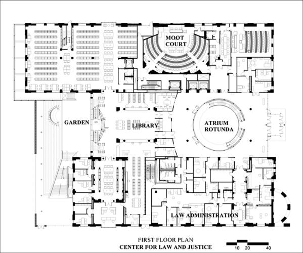 Site plan showing a building interior with an atrium, library, various departments, and an exterior court.